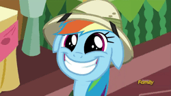 Size: 500x281 | Tagged: safe, derpibooru import, screencap, rainbow dash, pony, stranger than fan fiction, animated, cute, dashabetes, discovery family logo, eye shimmer, floppy ears, grin, happy, smiling, solo, squee, weapons-grade cute