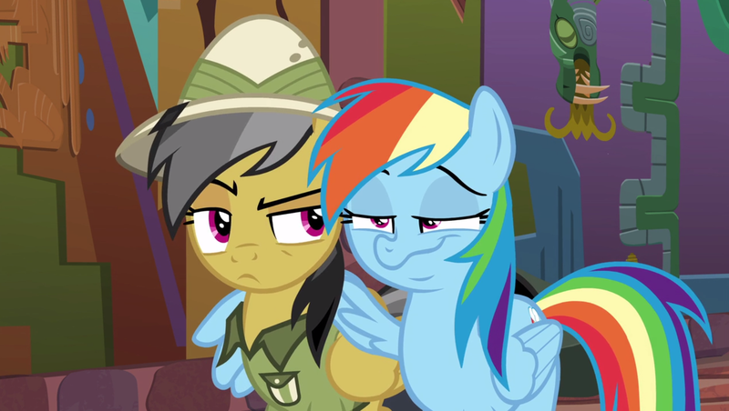 Size: 1904x1076 | Tagged: safe, derpibooru import, screencap, daring do, rainbow dash, pony, stranger than fan fiction, dash face, faic, hug, rainbow dash is best facemaker, smug, smugdash, winghug