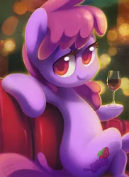 Size: 840x1155 | Tagged: alcohol, artist:dawnfire, berrybetes, berry punch, berryshine, bokeh, colored pupils, crossed legs, derpibooru import, glass, hoof hold, looking at you, safe, sitting, smiling, solo, underhoof, wine, wine glass