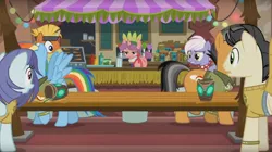 Size: 1646x923 | Tagged: safe, derpibooru import, screencap, burning passion, carrot bun, quibble pants, rainbow dash, pony, stranger than fan fiction, argument