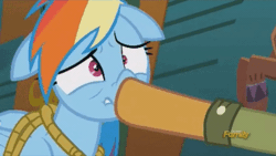 Size: 400x225 | Tagged: safe, derpibooru import, screencap, quibble pants, rainbow dash, pony, stranger than fan fiction, :t, animated, boop, bound wings, discovery family logo, floppy ears, frown, hoof in mouth, lewd, non-consensual booping, rainbond dash, rope, tied up, wide eyes