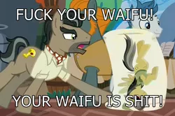 Size: 978x648 | Tagged: safe, derpibooru import, edit, edited screencap, screencap, daring do, doctor caballeron, earth pony, pegasus, pony, stranger than fan fiction, body pillow, caption, convention, cutie mark, daring daki, henchmen, image macro, male, meme, text, text edit, vulgar, waifu, waifu wars, your waifu is shit