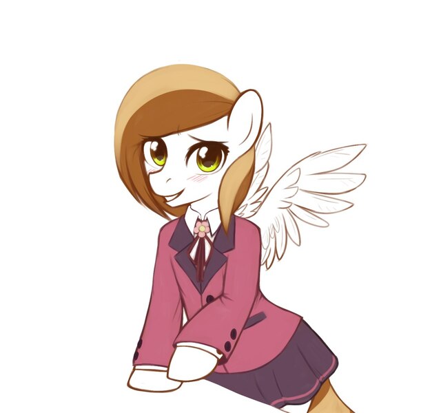 Size: 1092x1024 | Tagged: safe, artist:maccoffee, derpibooru import, oc, oc:coffee cream, unofficial characters only, pony, bipedal, blushing, clothes, crossdressing, cute, male, necktie, pleated skirt, skirt, smiling, solo, spread wings, trap