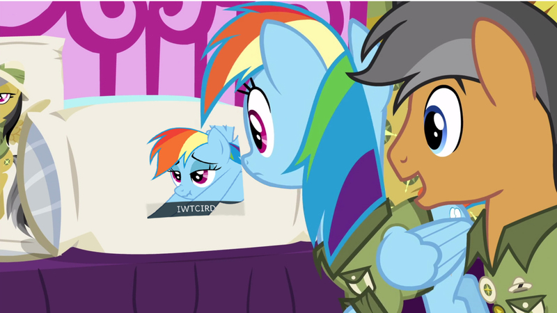 Size: 1920x1080 | Tagged: safe, derpibooru import, edit, edited screencap, screencap, quibble pants, rainbow dash, pegasus, pony, stranger than fan fiction, body pillow, body pillow meme, daring daki, female, iwtcird, male, mare, meme, stallion