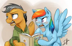 Size: 1300x841 | Tagged: safe, artist:silfoe, derpibooru import, quibble pants, rainbow dash, earth pony, pegasus, pony, stranger than fan fiction, angry, argument, blushing, book, clothes, duo, female, frown, glare, male, mare, open mouth, pointing, spread wings, stallion, that was fast, underhoof