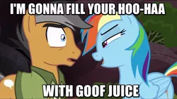 Size: 800x451 | Tagged: bedroom eyes, caption, derpibooru import, edit, edited screencap, female, image macro, male, meme, patton oswalt, quibbledash, quibble pants, rainbow dash, rainbow dash seduces quibble pants, screencap, shipping, straight, stranger than fan fiction, suggestive, voice actor joke, werewolves and lollipops