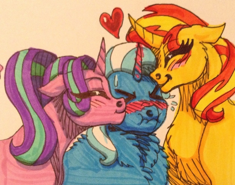 Size: 1280x1009 | Tagged: safe, artist:lorelei, derpibooru import, starlight glimmer, sunset shimmer, trixie, pony, unicorn, blushing, female, fluffy, flustered, heart, kiss on the cheek, kiss sandwich, kissing, lesbian, magical trio, mare, scrunchy face, shimmerglimmer, shipping, startrix, startrixset, suntrix, sweat, traditional art, tsunderixie, twilight's counterparts