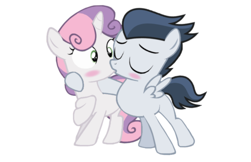 Size: 870x562 | Tagged: artist:lunaticdawn, blushing, derpibooru import, eyes closed, female, kissing, male, rumbelle, rumble, safe, shipping, simple background, straight, sweetie belle, transparent background