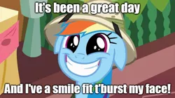 Size: 889x500 | Tagged: safe, derpibooru import, edit, edited screencap, screencap, rainbow dash, stranger than fan fiction, caption, cute, dashabetes, floppy ears, grin, image macro, meme, smiling, solo, squee