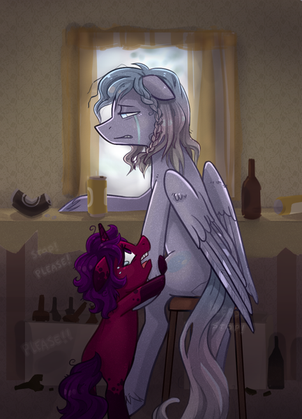Size: 857x1187 | Tagged: semi-grimdark, artist:kyaokay, derpibooru import, oc, oc:alula cry, oc:mirabelle ink, unofficial characters only, pegasus, pony, unicorn, alcohol, alcoholic, alcoholism, crying, female, filly, horn, image, pegasus oc, png, unicorn oc, wings