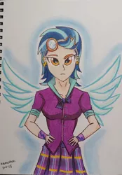 Size: 1158x1663 | Tagged: safe, artist:emichaca, derpibooru import, indigo zap, equestria girls, clothes, crystal prep academy uniform, school uniform, traditional art