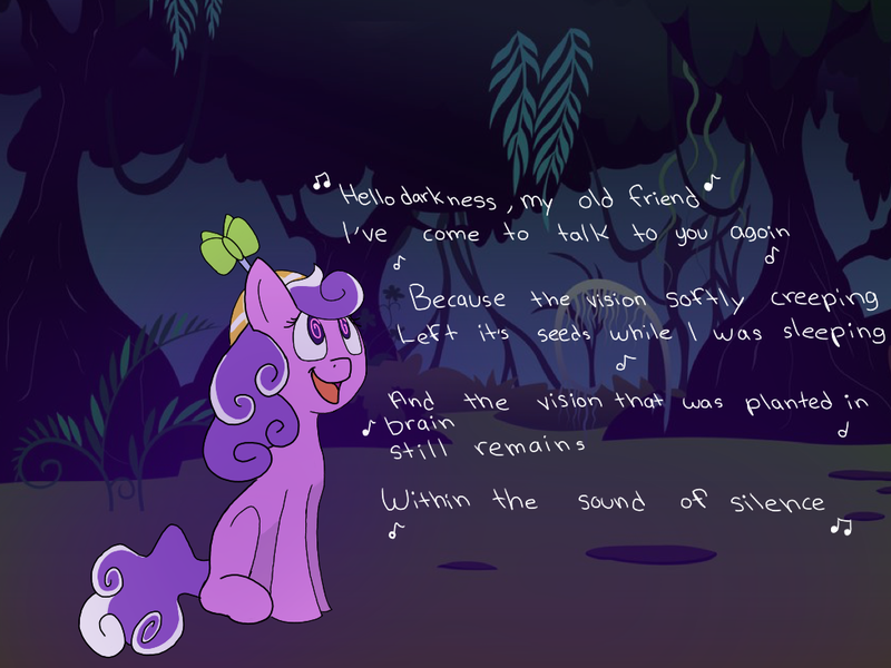 Size: 1024x768 | Tagged: artist:optimusprimetfr, artist:orig15, derpibooru import, dreamworks trolls, everfree forest, hat, hello darkness my old friend, lyrics, propeller hat, safe, screwball, simon and garfunkel, singing, solo, song reference, swirly eyes, text, the sound of silence