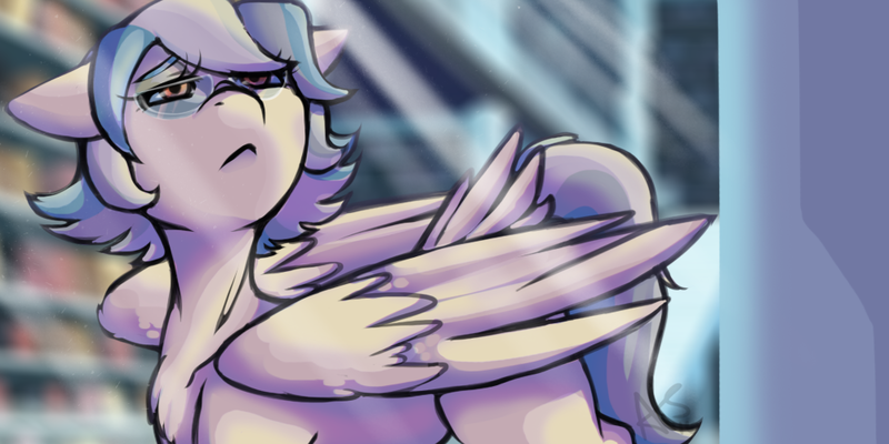 Size: 1000x500 | Tagged: safe, artist:curiouskeys, derpibooru import, oc, oc:gusty petals, unofficial characters only, pegasus, pony, blank flank, crystal empire, library, solo, tail feathers