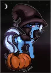 Size: 900x1294 | Tagged: safe, artist:velexane, derpibooru import, trixie, pony, unicorn, female, food, hat, mare, moon, night, pumpkin, solo, witch, witch hat