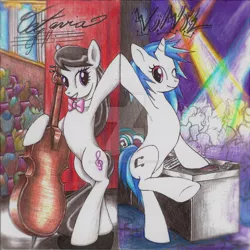 Size: 1024x1026 | Tagged: artist:annemarie-josephine, cello, derpibooru import, duo, musical instrument, octavia melody, one eye closed, safe, signature, sketch, stage, traditional art, turntable, vinyl scratch