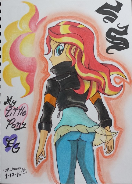 Size: 1161x1607 | Tagged: safe, artist:emichaca, derpibooru import, sunset shimmer, equestria girls, ass, bunset shimmer, clothes, looking back, pants, solo, traditional art