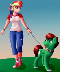 Size: 1500x1800 | Tagged: safe, artist:spirit-dude, derpibooru import, rainbow dash, oc, oc:northern haste, human, pony, clothes, collar, commission, converse, humanized, leash, northash, pet, pet play, pony pet, shoes, sneakers