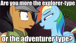 Size: 960x541 | Tagged: derpibooru import, edit, edited screencap, female, image macro, male, meme, quibbledash, quibble pants, rainbow dash, rainbow dash seduces quibble pants, screencap, shipping, straight, stranger than fan fiction, suggestive