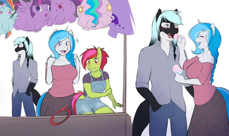 Size: 2000x1191 | Tagged: alicorn, anthro, anthro oc, artist:askbubblelee, blushing, carnival, cotton candy, cute, derpibooru import, food, freckles, hybrid, makolee, oc, oc:bubble lee, oc:imago, oc:mako, oc:margarite mix, orca pony, original species, plushie, princess celestia, princess luna, prize, rainbow dash, safe, shoulderless, twilight sparkle, twilight sparkle (alicorn), unofficial characters only