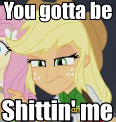 Size: 614x648 | Tagged: safe, derpibooru import, edit, edited screencap, screencap, applejack, equestria girls, cropped, image macro, meme, reaction image, solo, vulgar