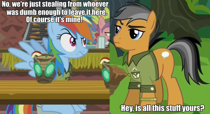 Size: 959x520 | Tagged: caption, derpibooru import, edit, edited screencap, image macro, jesse, meme, minecraft:story mode, quibble pants, rainbow dash, safe, screencap, stranger than fan fiction, voice actor joke