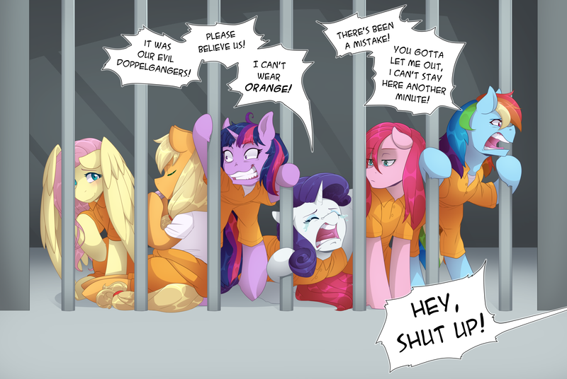 Size: 8598x5766 | Tagged: absurd resolution, abuse, applejack, artist:mylittlesheepy, clothes, derpibooru import, fluttershy, harmonica, jail, mane six, musical instrument, pinkamena diane pie, pinkie pie, prisoner, prisoner rd, prisoner ts, prison outfit, rainbow dash, rarity, safe, twilight snapple, twilight sparkle, twilybuse