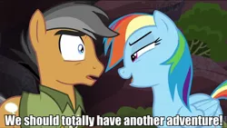 Size: 960x541 | Tagged: derpibooru import, edit, edited screencap, female, image macro, male, meme, quibbledash, quibble pants, rainbow dash, rainbow dash seduces quibble pants, screencap, shipping, straight, stranger than fan fiction, suggestive