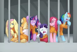 Size: 1280x858 | Tagged: safe, artist:mylittlesheepy, derpibooru import, applejack, fluttershy, pinkie pie, rainbow dash, rarity, twilight sparkle, jail, mane six, pinkamena diane pie