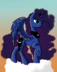 Size: 1200x1500 | Tagged: artist:bronymirage, cloud, derpibooru import, princess luna, raised hoof, safe, solo, spread wings