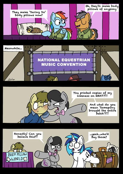 Size: 2480x3508 | Tagged: safe, artist:bobthedalek, derpibooru import, daring do, octavia melody, quibble pants, rainbow dash, vinyl scratch, oc, oc:kettle master, earth pony, pegasus, pony, unicorn, stranger than fan fiction, body pillow, comic, daring daki, dialogue, female, mare, one sided shipping, open mouth