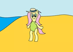 Size: 1562x1114 | Tagged: safe, artist:amateur-draw, derpibooru import, fluttershy, pony, 1000 hours in ms paint, beach, bipedal, clothes, hat, ms paint, ocean, one-piece swimsuit, sun hat, swimsuit