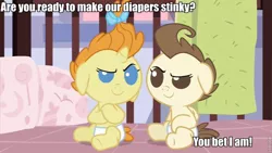 Size: 853x480 | Tagged: a friend in deed, cake twins, derpibooru import, diaper, duo, edit, edited screencap, image macro, inverted mouth, looking at each other, meme, pound cake, pumpkin cake, safe, screencap, siblings, twins