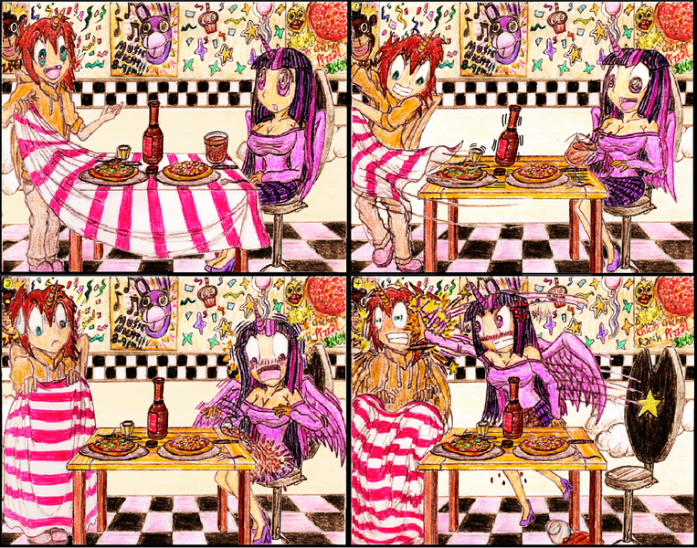 Size: 1024x805 | Tagged: accident, alcohol, alicorn, alicorn humanization, angry, artist:meiyeezhu, beer, beer bottle, bonnie, bottle, bottle cap, breasts, brown hair, busty twilight sparkle, chair, checkered background, chica, chocolate, chocolate milk, cleavage, clothes, comic, confetti, crossover, cupcake, date, dating, decoration, derpibooru import, epic fail, everything is ruined, exploitable meme, fail, female, five nights at freddy's, food, freddy fazbear, freddy fazbear's pizzeria, glass, glass of milk, horned humanization, human, humanized, humanized ponified human, meme, milk, oc, oc:kyle, old master q, oops, pizza, pizzeria, poster, princess, pure unfiltered evil, reference, safe, shot glass, skirt, slap, spill, spilled milk, sticker, sweat, sweatdrop, sweater, table, tablecloth, trick, twilight sparkle, twilight sparkle (alicorn), unamused, winged humanization