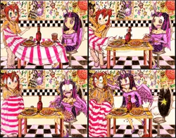 Size: 1024x805 | Tagged: accident, alcohol, alicorn, alicorn humanization, angry, artist:meiyeezhu, beer, beer bottle, bonnie, bottle, bottle cap, breasts, brown hair, busty twilight sparkle, chair, checkered background, chica, chocolate, chocolate milk, cleavage, clothes, comic, confetti, crossover, cupcake, date, dating, decoration, derpibooru import, epic fail, everything is ruined, exploitable meme, fail, female, five nights at freddy's, food, freddy fazbear, freddy fazbear's pizzeria, glass, glass of milk, horned humanization, human, humanized, humanized ponified human, meme, milk, oc, oc:kyle, old master q, oops, pizza, pizzeria, poster, princess, pure unfiltered evil, reference, safe, shot glass, skirt, slap, spill, spilled milk, sticker, sweat, sweatdrop, sweater, table, tablecloth, trick, twilight sparkle, twilight sparkle (alicorn), unamused, winged humanization