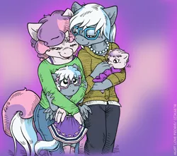 Size: 1100x974 | Tagged: anthro, artist:kaemantis, baby, clothes, derpibooru import, female, glasses, lesbian, magical lesbian spawn, oc, oc:chaste silver, oc:silver belle, offspring, open mouth, parent:silver spoon, parents:silverbelle, parent:sweetie belle, pearl necklace, safe, shipping, silverbelle, silver spoon, sweetie belle