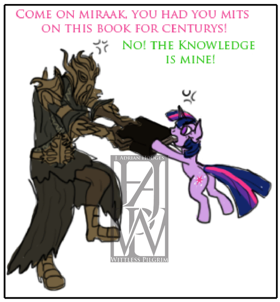 Size: 978x1053 | Tagged: safe, artist:wittless-pilgrim, derpibooru import, twilight sparkle, angry, arcane arts, arcane magic, armor, black book, book, bookhorse, explicit source, fight, forbidden knowledge, glare, hoof hold, mask, miraak, needs more jpeg, open mouth, photoshop, pulling, skyrim, that pony sure does love books, the elder scrolls, watermark