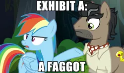 Size: 1280x756 | Tagged: safe, derpibooru import, edit, edited screencap, screencap, doctor caballeron, rainbow dash, earth pony, pegasus, pony, stranger than fan fiction, caption, eidolon, faggot, female, image macro, male, mare, meme, stallion, vulgar