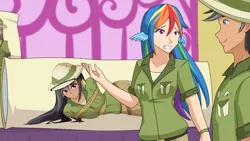 Size: 1280x720 | Tagged: artist:jonfawkes, body pillow, bondage, clothes, daring daki, daring do, derpibooru import, female, hat, human, humanized, male, quibble pants, rainbow dash, rope, safe, scene interpretation, shirt, stranger than fan fiction, tied up, wing ears