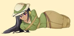 Size: 1280x621 | Tagged: artist:jonfawkes, body pillow, body pillow design, bondage, daring daki, daring do, dark skin, derpibooru import, female, human, humanized, rope, safe, solo, stranger than fan fiction, tied up, wing ears