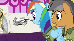 Size: 1280x720 | Tagged: safe, derpibooru import, edit, edited screencap, screencap, quibble pants, rainbow dash, earth pony, pegasus, pony, stranger than fan fiction, body pillow, body pillow meme, boop, exploitable meme, female, finger, hand, implied human, male, mare, meme, pillow, stallion, stock image