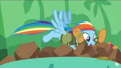 Size: 1334x750 | Tagged: safe, derpibooru import, screencap, quibble pants, rainbow dash, pony, stranger than fan fiction, discovery family logo, rock pit, shipping fuel, tackle