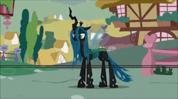 Size: 692x388 | Tagged: animated, artist:mixermike622, attack on changeling, attack on pony, attack on titan, derpibooru import, majestic as fuck, oc, oc:fluffle puff, queen chrysalis, safe, sliding