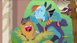 Size: 1286x724 | Tagged: safe, derpibooru import, screencap, quibble pants, rainbow dash, pony, stranger than fan fiction, animated, laughing, loop, nose in the air