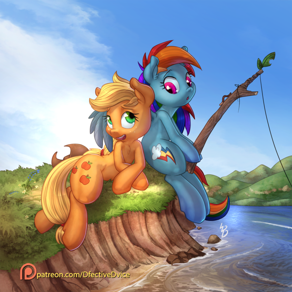 Size: 1920x1920 | Tagged: safe, artist:dfectivedvice, artist:vest, derpibooru import, applejack, rainbow dash, earth pony, pegasus, pony, appledash, backwards cutie mark, chest fluff, collaboration, cute, dashabetes, female, fishing, jackabetes, lesbian, mare, open mouth, patreon, patreon logo, shipping