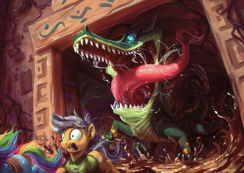 Size: 1920x1360 | Tagged: safe, artist:assasinmonkey, derpibooru import, cipactli, quibble pants, rainbow dash, crocodile, pegasus, pony, stranger than fan fiction, clothes, drool, female, male, mare, monster, mud, open mouth, rope, running, scared, scene interpretation, stallion, tongue out