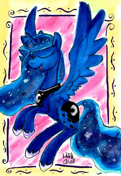 Size: 1120x1628 | Tagged: artist:autobotchari, derpibooru import, eyes closed, flying, princess luna, safe, solo, traditional art, watercolor painting