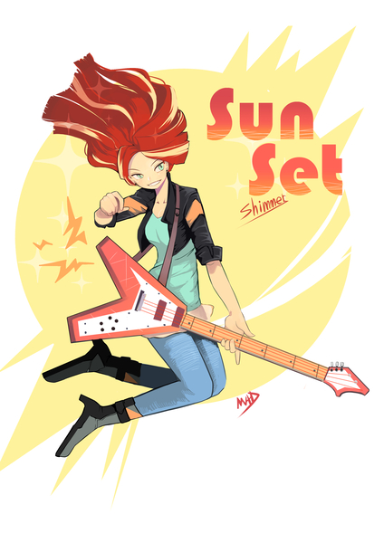 Size: 2480x3508 | Tagged: safe, artist:pk4g, derpibooru import, sunset shimmer, equestria girls, flying v, guitar, jumping, solo, sunset shredder