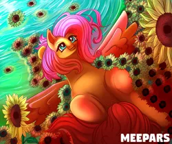 Size: 1024x860 | Tagged: artist:meepars, derpibooru import, flower, fluttershy, safe, solo, sunflower