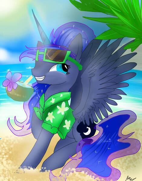 Size: 1188x1518 | Tagged: artist:nuttypanutdy, beach, derpibooru import, princess luna, safe, solo, sunglasses