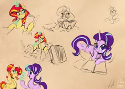 Size: 1500x1060 | Tagged: safe, artist:light262, derpibooru import, starlight glimmer, sunset shimmer, pony, unicorn, book, cute, duo, feather, glimmerbetes, magic, open mouth, pen, shimmerbetes, signature, sketch, smiling, twilight's counterparts